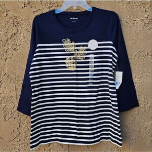 Kim Rogers Navy Blue and White Striped Christmas Leaves 3/4 Sleeve Shirt